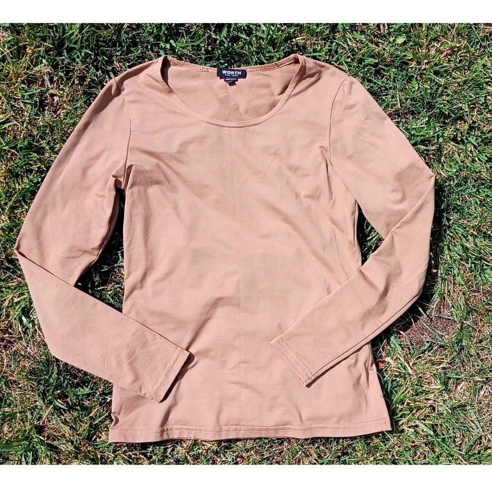 Worth New York Womens Tan Long Sleeve Scoop Neck Stretch Top Size XP Made in USA